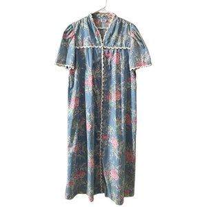 Chiha Women’s Size Large Housedress Housecoat Vintage Floral Zip Up Lace